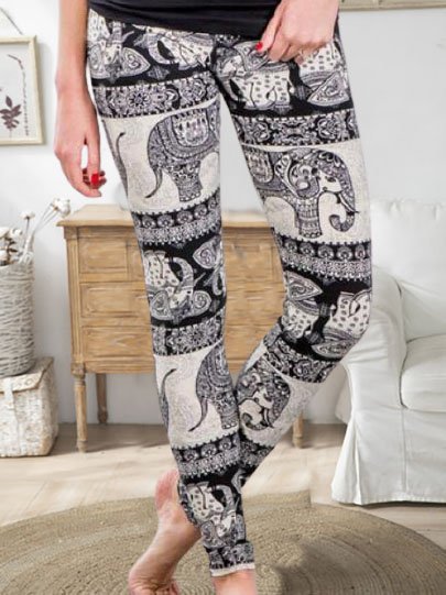 

West Styles Elephant Printed Slim Fit Pants, Black-white, leggings