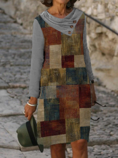 

Casual Check Print Color BlockV-neck Long Sleeve Midi Dress Women, Multicolor, Midi Dresses