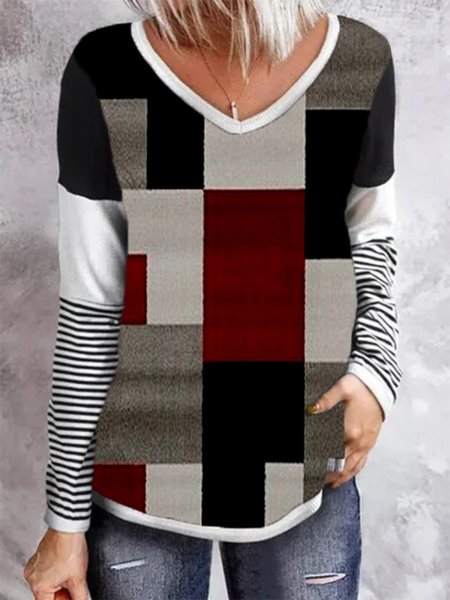 

Color-block Geometric Printed Striped V Neck Long Sleeves Plus Size Casual Tops, Multicolor, T-Shirts