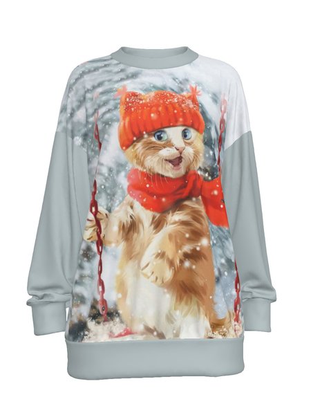

Cat Print Round Neck Off Shoulder Long Sleeve Sweatshirt, As picture, Hoodies&Sweatshirts