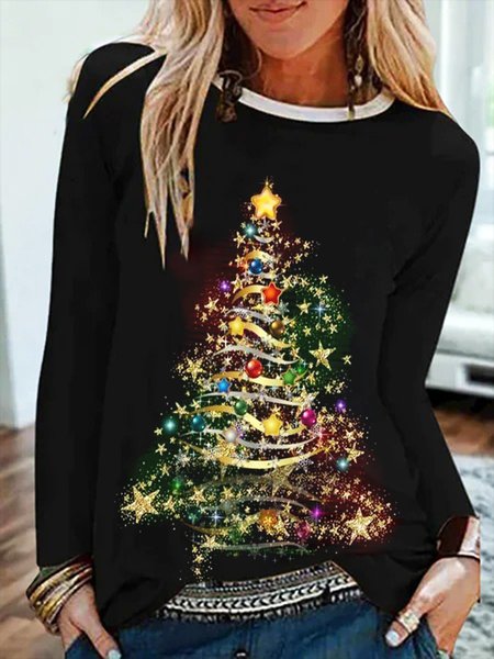 

Christmas Tree Printed Round Neck Casual Shirts & Tops, Black, Tops