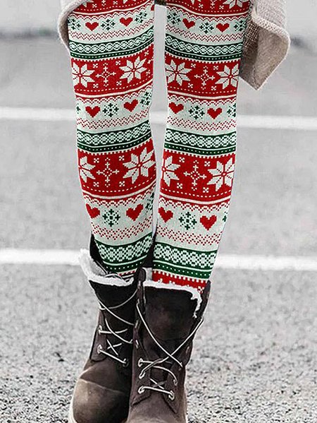 

Christmas Printed Elastic waist Sweet Slim Fit Pants, White, Leggings