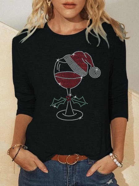 

Red wine print round neck long sleeve T-shirt, Black, Hoodies&Sweatshirts