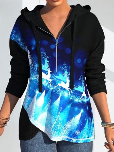 

Long sleeve round neck zipper hooded mid long Christmas top women's sweater, Blue, Hoodies & Sweatshirts
