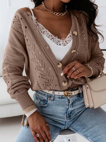 

Wool/Knitting Hollow Out Sweater, Light coffee, Cardigans