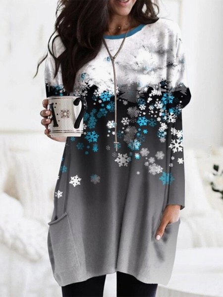 

Christmas Xmas Long Sleeve Round Neck Plus Size Printed Tops T-shirts, Gray, T-Shirts