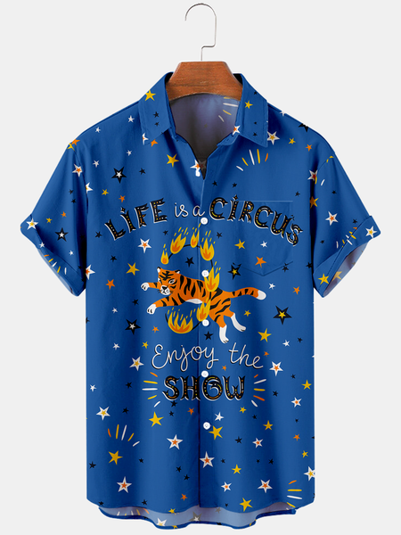 

Shirt Collar Vacation Cartoon Shirts, Blue, Men's Floral shirt