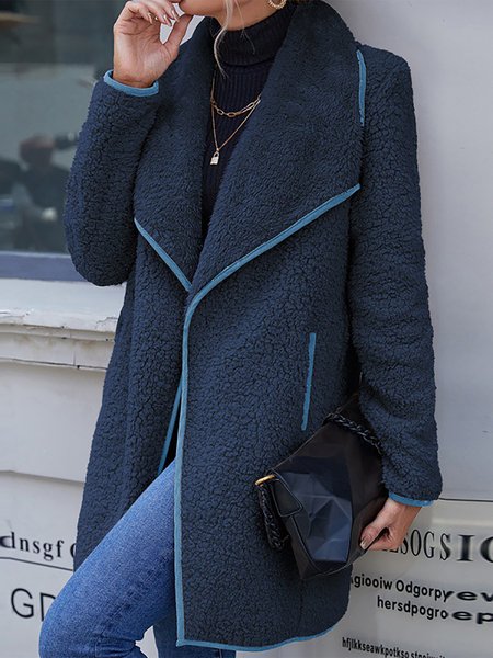 Lapel Vintage Solid Furry Long Sleeves Outerwear, Navyblue, Outerwear