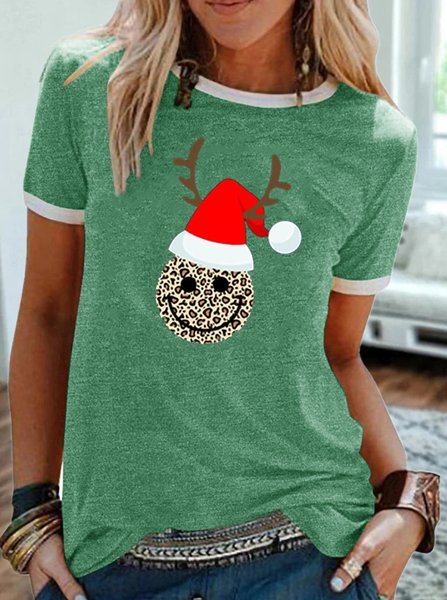 

Christmas leopard smiley face print round neck short sleeve ringer tee, Green, T-shirts