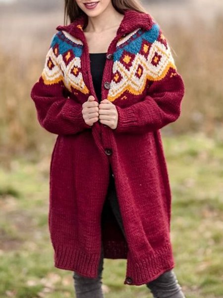 

Casual Lapel Tribal Long Sleeve Outerwear, As picture, Cardigans