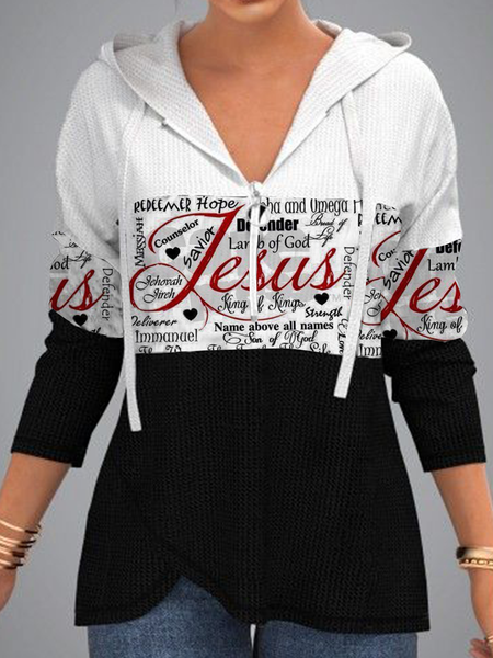 

Long sleeve crew neck zipper Hoodie medium long geometric stripe letter print top women's sweater, Black-white, Hoodies & Sweatshirts