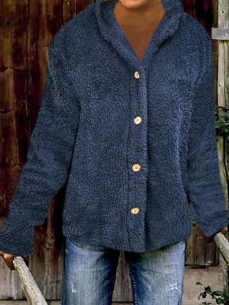 

Casual Solid Long Sleeve Hooded Outerwear, Blue, Outerwear