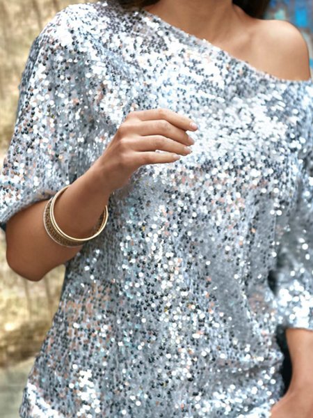 

Solid Regular Fit Crew Neck Top, Silver, Blouses and Shirts