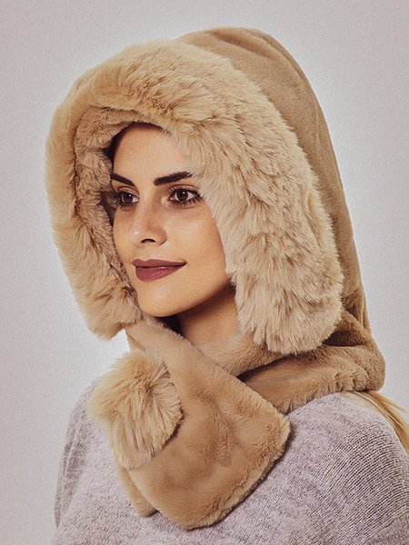 

Simple Fur Warm Hat And Scarf, Beige, Women Hats