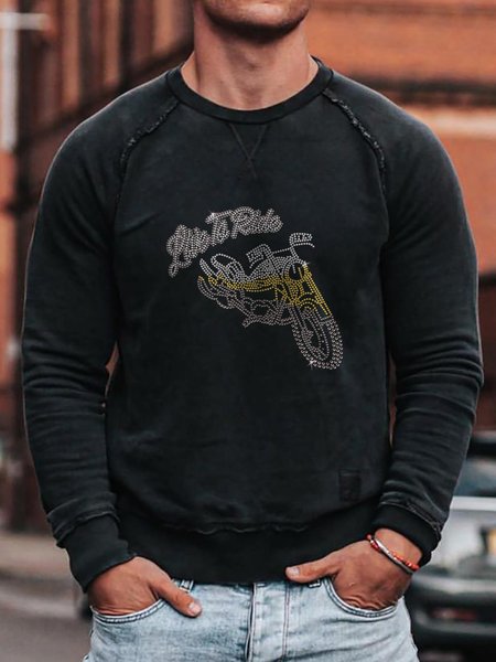 

Motorcycle Graphic Long Sleeve Loose Sweatshirt, Black, Hoodies&Sweatshirts