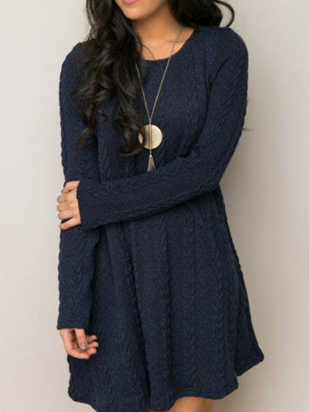 

Long sleeved round neck plain patterned geometric twist flower middle group dress for women, Royal blue, Casual Dresses