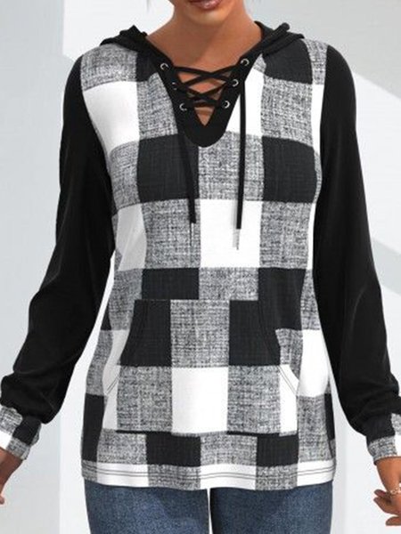 

Long sleeve V-neck lace up hooded mosaic check print medium length top T-shirt women, Black, Tees & T-shirts