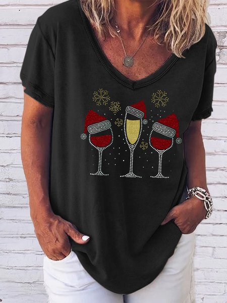

Christmas wine print V-neck short-sleeved T-shirt, Black, T-shirts