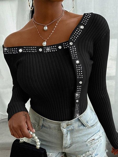 

Long Sleeve Lady Solid Off The Shoulder Sweater, Black, Pullovers