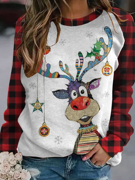 

Christmas Buffalo Plaid Casual Crew Neck Sweatshirt Top, As picture, Hoodies&Sweatshirts
