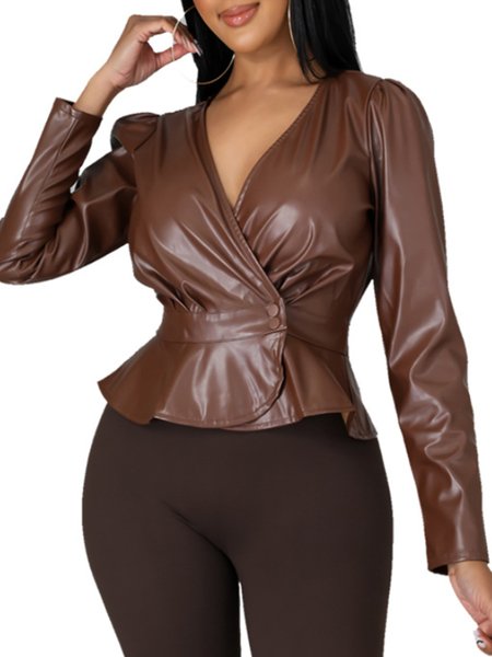 

Pu Leather Plain Regular Fit Outerwear, Brown, Jackets