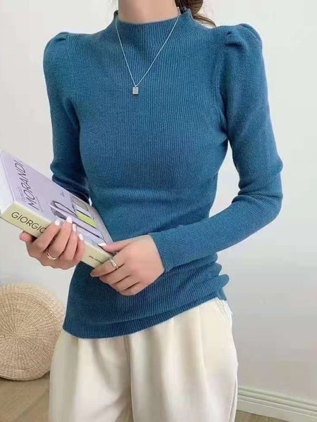 

Vintage High Neck Plain Sweater, Blue, Pullovers