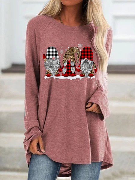 

Three Gnomes In Leopard Printed Buffalo Plaid Women‘s Loosen Crew Neck Knitting Dress, Pink, Long sleeves