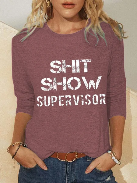 

shitshow Crew Neck Casual Loosen Shirt & Top, Red, Long sleeves