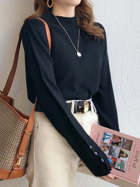

Plain Casual Loosen Sweater, Black, Pullovers