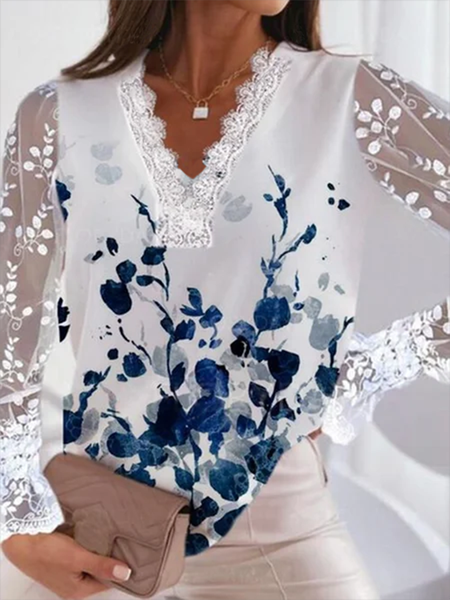 

Sexy Pizzo Patchwork Maniche Lunghe Floreale Top, Bianco, Blouses & Shirts