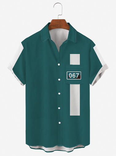 

Mens Squid Game No.456 Print Chest Pocket Round Hem Loose Short Sleeve Shirts, Green, Men's Floral shirt