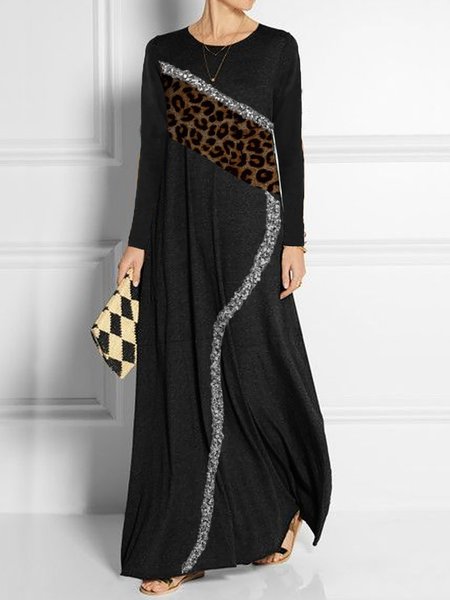 

Casual Leopared Print Color Block Turtle Neck Maxi Dresses, Black, Maxi Dresses