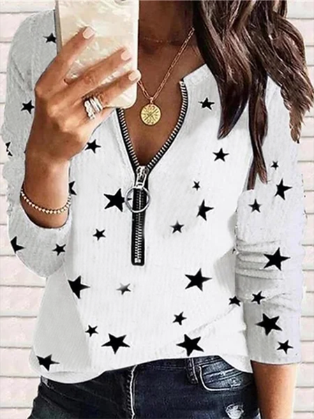

Zipper V Neck Star Printed Casual Shirts & Tops, White, Tops