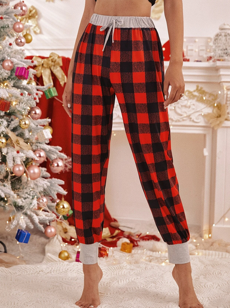 

Buffalo Plaid Elastic Waist Tie Front Casual Pants, Red, Pants
