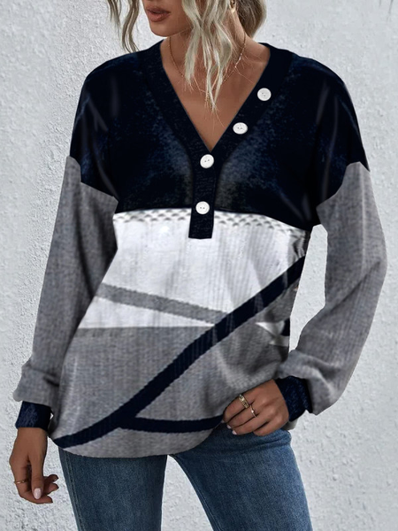 Geometric Regular Fit Henley Shirts & Tops, Black, Long sleeve tops