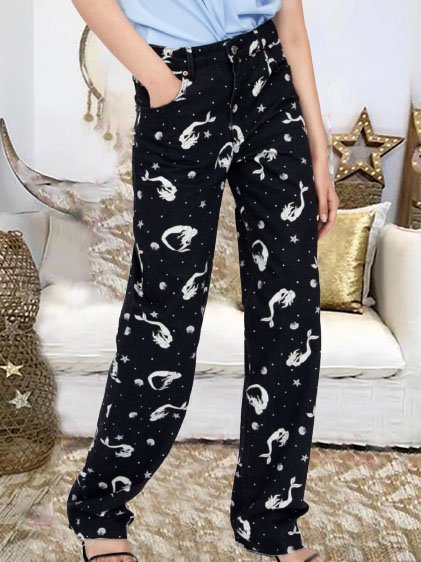 

Sea-maid Abstract Printed Vintage Straight Leg Loosen Pants, Black-white, Pants