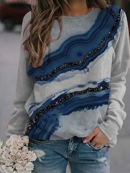 

Casual Daily Striped Print Round Neck Long Sleeve Sweatshirt, Gray, Sweatshirts & Hoodies