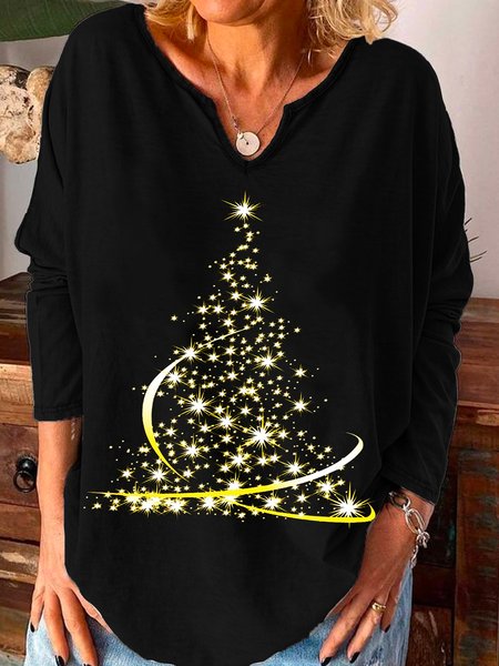 

V Neck Printed Cotton Blends Shirts & Tops, Black, Tops