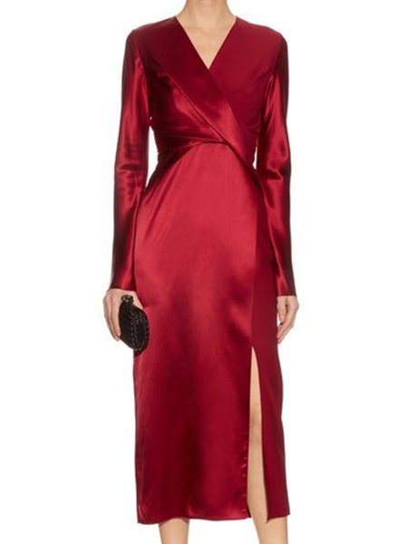 

Date Party Evening V Neck Regular Fit Plain Dress, Red, Midi Dresses