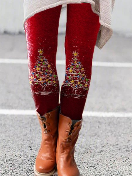 

Christmas Printed Casual Pants, Red, Leggings