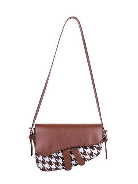 

Elegant Houndstooth Woolen Saddle Bag, Brown, Bags