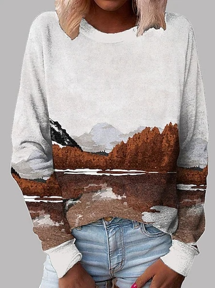 

Landscape Painting Cotton Blends Crew Neck Sweatshirts, White, Hoodies & Sweatshirts