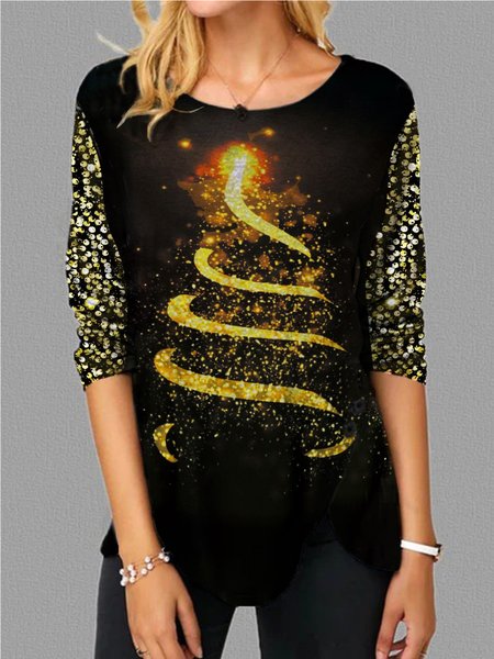 

Casual Crew Neck Printed Long Sleeve Shirts & Tops, As picture, Tops