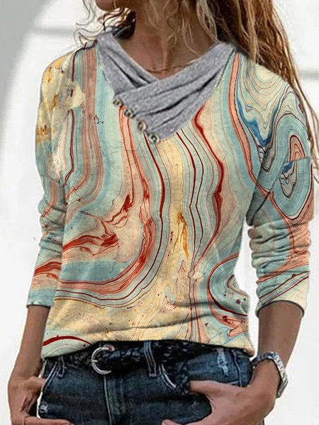

Printed Long Sleeve Casual Cowl Neck Shirts & Tops, Multicolor, T-Shirts