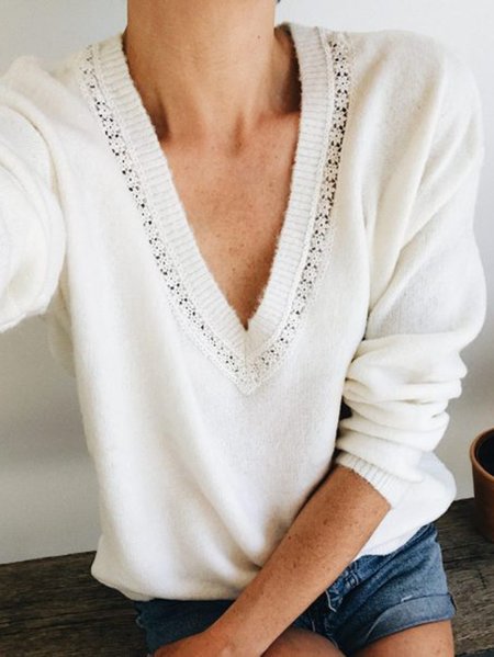 

Loosen Wool/Knitting V Neck Sweater, White, Sweaters & Cardigans