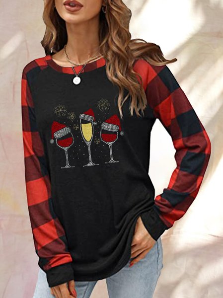 

Christmas Fun Wine Glass Print Plaid Shirts & Tops, Black, Hoodies&Sweatshirts