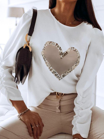 

LOVE Pattern Elegant Geometric Regular Fit Shirts & Tops, White, Long sleeve tops