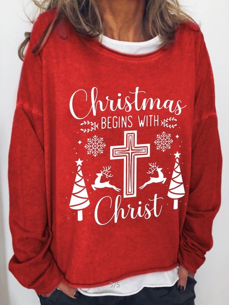 

Christmas print round neck long-sleeved sweatshirt, Red, Hoodies&Sweatshirts