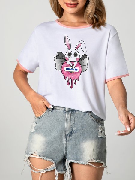 

Unocis Rabbit Print Round Neck Short Sleeve Ringer Tee, Pink, T-shirts