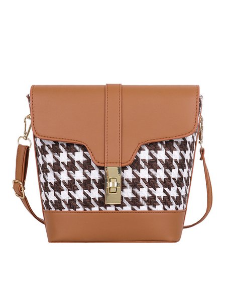 Elegant Houndstooth Woolen Stitching Bucket Bag, Brown, Bags